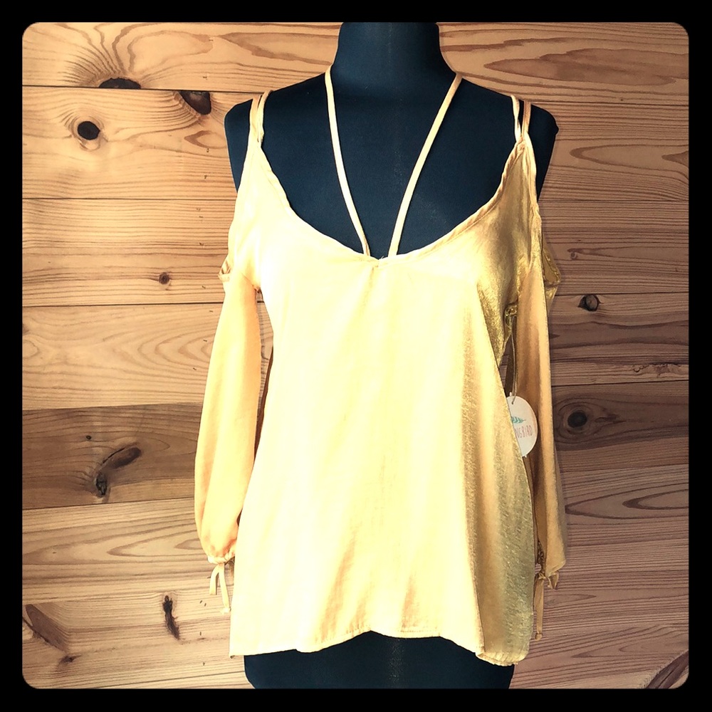 Hummingbird Brand Gold Color Cold Shoulder Top with Ties in Back